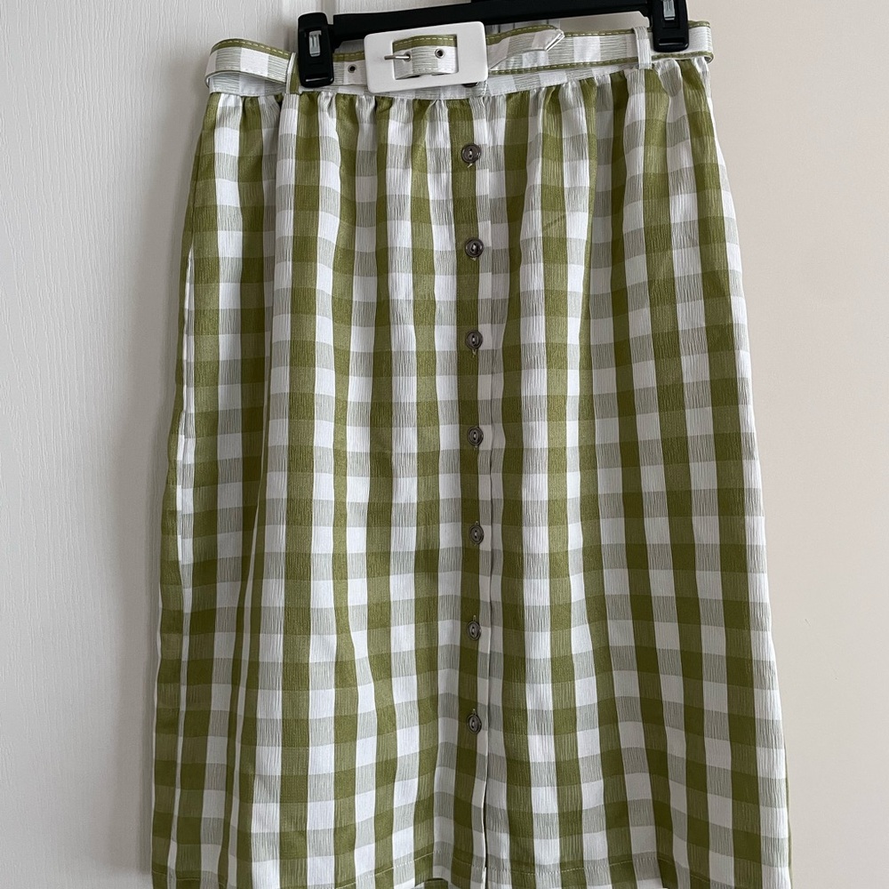 Modcloth Green and White Smocked A-Line Midi Skirt